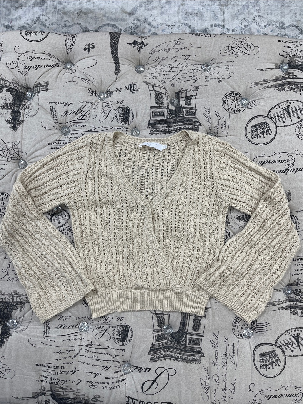 Astr Crochet-Style V-Neck Sweater - Cream